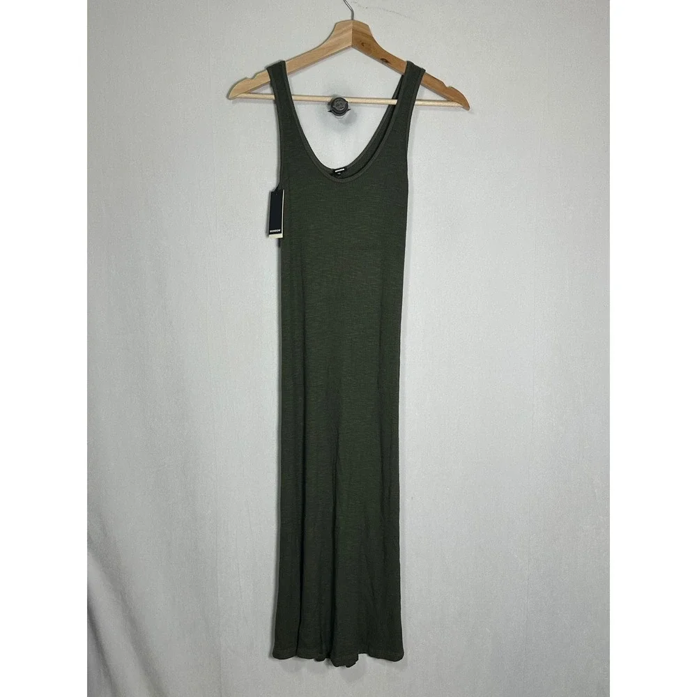 NWT Monrow Womens Ribbed Tank Dress Olive Green‎ Slub Jersey Midi Scoop Neck NEW